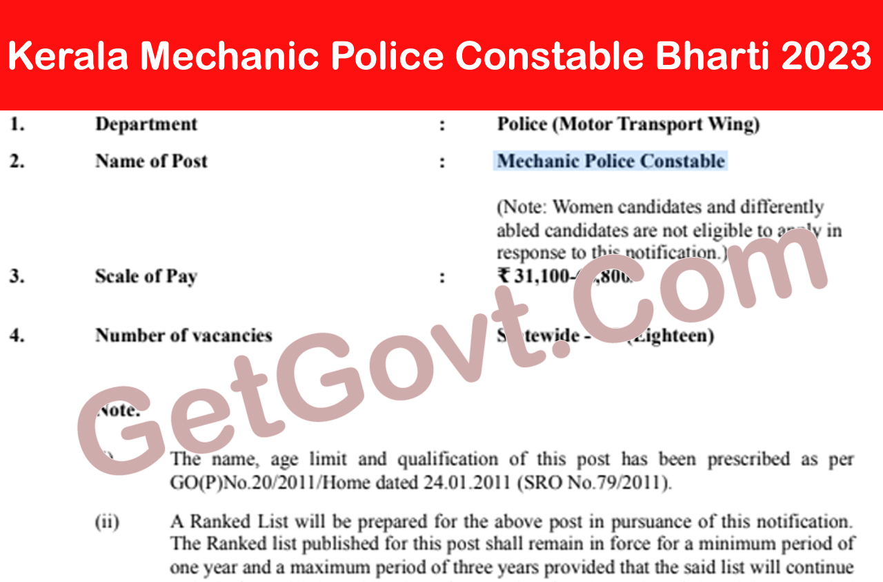 Kerala Mechanic Police Constable Recruitment 2023
